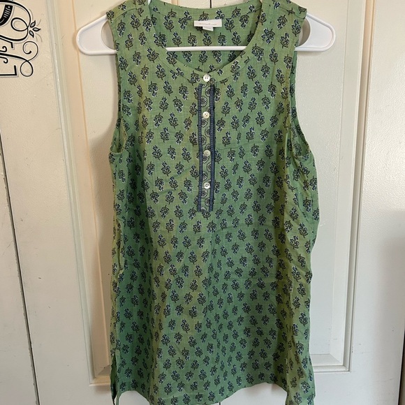 Pure Jill Linen Tunic Size Small Green Tomato Artisan Floral Sleeveless Top - Picture 1 of 8